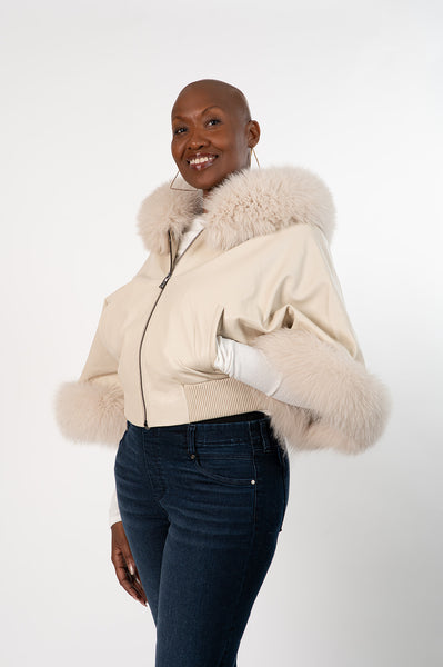 Rippe's Furs Fox Fur Trimmed Short Leather Jacket - Pearl