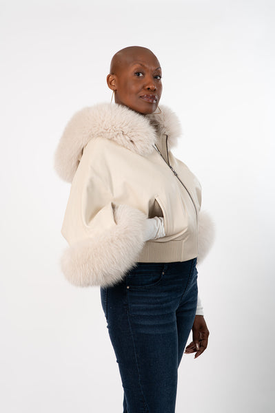 Rippe's Furs Fox Fur Trimmed Short Leather Jacket - Pearl