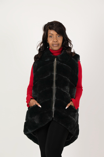 Rippe's Furs Hi/Low Tiered Chevron Rex Fur Vest - Black