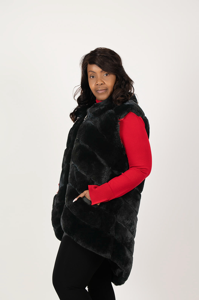 Rippe's Furs Hi/Low Tiered Chevron Rex Fur Vest - Black