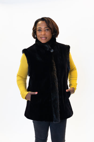 Rippe's Furs Reversible Diamond Sheared Mink Fur Vest with Long Hair Mink Trim - Black