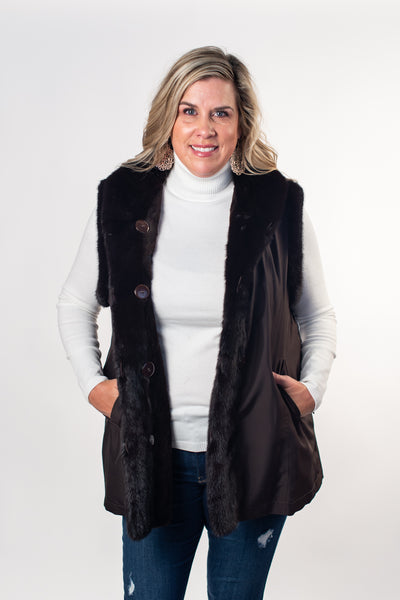 Rippe's Furs Reversible Diamond Sheared Mink Fur Vest with Long Hair Mink Trim - Brown
