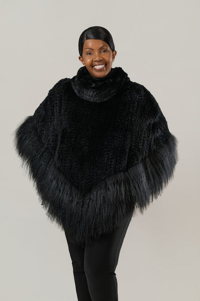Rippe's Furs Knitted Rex Fur Cowl Neck Poncho - Black