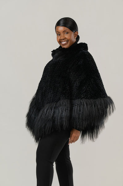 Rippe's Furs Knitted Rex Fur Cowl Neck Poncho - Black