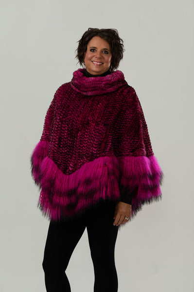 Rippe's Furs Knitted Rex Fur Cowl Neck Poncho - Fuchsia