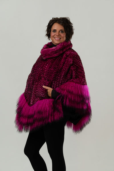 Rippe's Furs Knitted Rex Fur Cowl Neck Poncho - Fuchsia