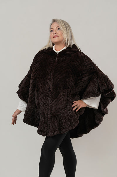 Rippe's Furs Knitted Rex Fur Hooded Flounce Hem Zip Front Poncho - Brown