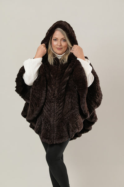 Rippe's Furs Knitted Rex Fur Hooded Flounce Hem Zip Front Poncho - Brown