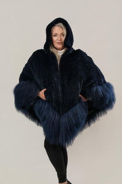 Rippe's Furs Knitted Rex Fur Hooded Zip Front Poncho with Tibetan Lamb Trim - Navy