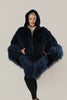 Image of Rippe's Furs Knitted Rex Fur Hooded Zip Front Poncho with Tibetan Lamb Trim - Navy