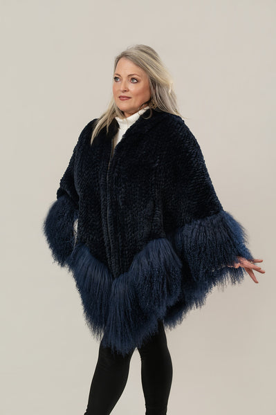 Rippe's Furs Knitted Rex Fur Hooded Zip Front Poncho with Tibetan Lamb Trim - Navy