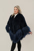 Image of Rippe's Furs Knitted Rex Fur Hooded Zip Front Poncho with Tibetan Lamb Trim - Navy