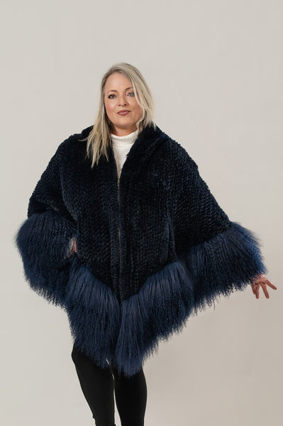 Rippe's Furs Knitted Rex Fur Hooded Zip Front Poncho with Tibetan Lamb
