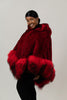 Image of Rippe's Furs Knitted Rex Fur Hooded Zip Front Poncho with Tibetan Lamb Trim - Red/Black