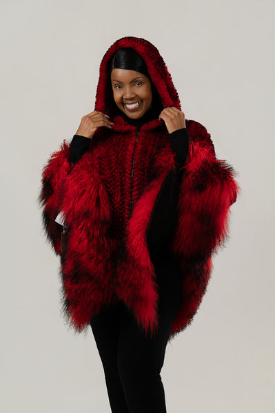 Rippe's Furs Knitted Rex Fur Hooded Zip Front Poncho with Tibetan Lamb Trim - Red/Black