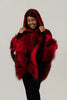 Image of Rippe's Furs Knitted Rex Fur Hooded Zip Front Poncho with Tibetan Lamb Trim - Red/Black