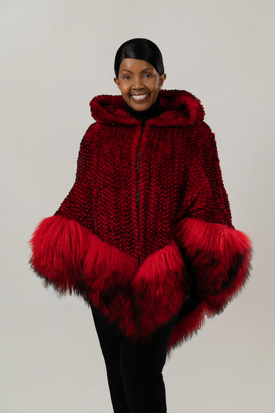 Rippe's Furs Knitted Rex Fur Hooded Zip Front Poncho with Tibetan Lamb Trim - Red/Black
