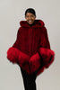 Image of Rippe's Furs Knitted Rex Fur Hooded Zip Front Poncho with Tibetan Lamb Trim - Red/Black