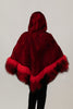 Image of Rippe's Furs Knitted Rex Fur Hooded Zip Front Poncho with Tibetan Lamb Trim - Red/Black
