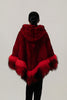 Image of Rippe's Furs Knitted Rex Fur Hooded Zip Front Poncho with Tibetan Lamb Trim - Red/Black