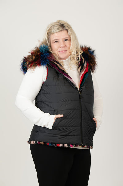 Rippe's Furs Reversible Sculpted Hooded Mink Vest with Fox Fur Trim - Multicolor