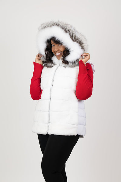 Rippe's Furs Rex Front Puffer Vest with Fox Fur Trim Hood - White