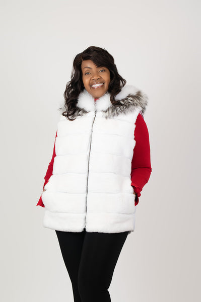 Rippe's Furs Rex Front Puffer Vest with Fox Fur Trim Hood - White