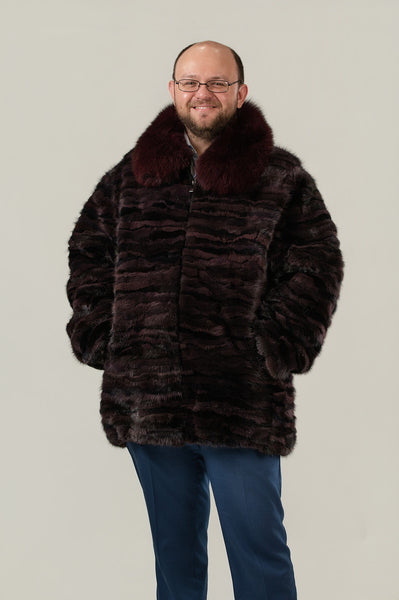 Rippe's Furs Section Mink Bomber Jacket with Fox Fur Collar - Burgundy