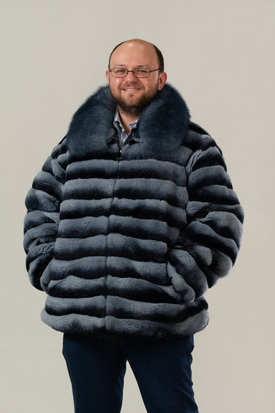 Rippe's Furs Unisex Chinchilla Dyed Rex Bomber Jacket with Fox Fur Collar - Blue