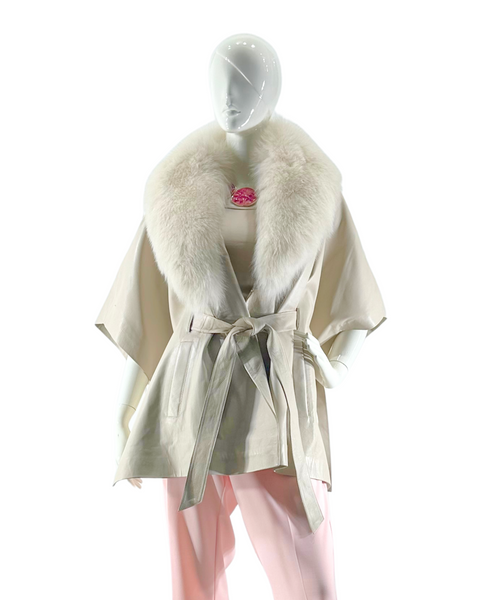 Rippe's Furs Belted Leather Poncho Jacket with Fox Fur Collar - Pearl