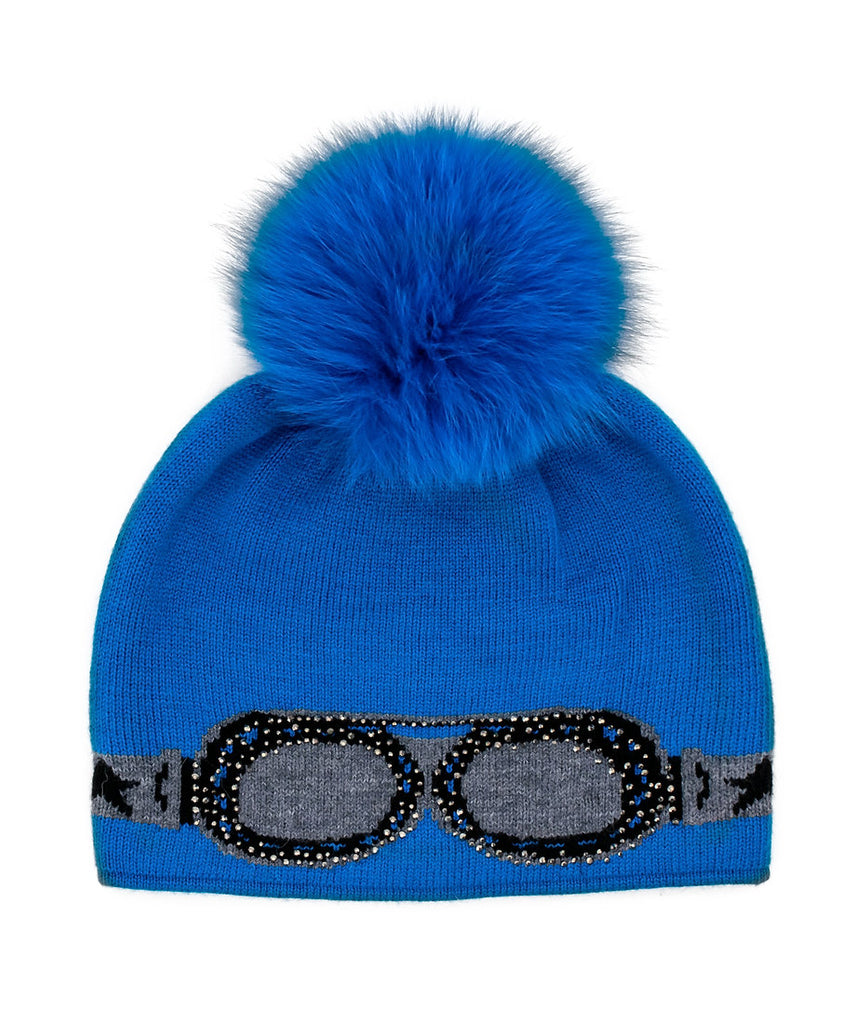 Rippe's Furs Sparkle Ski Goggle Knit Beanie with Removable Fox Fur Pom - Electric Blue