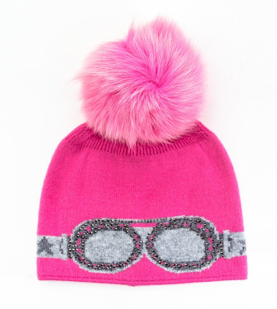 Rippe's Furs Sparkle Ski Goggle Knit Beanie with Removable Fox Fur Pom - Hot Pink