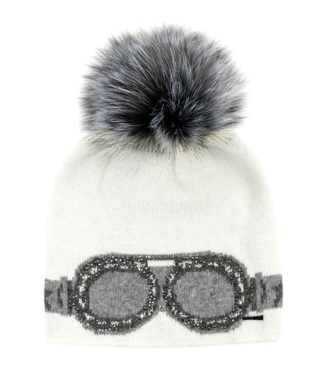 Rippe's Furs Sparkle Ski Goggle Knit Beanie with Removable Fox Fur Pom - White/Indigo Fox