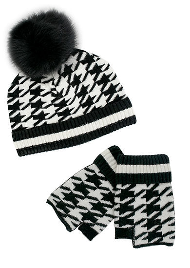 Rippe's Furs Houndstooth Hat/Fingerless Glove Gift Set - Black/White