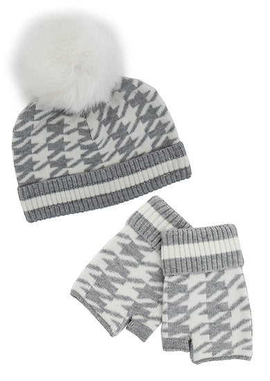 Rippe's Furs Houndstooth Hat/Fingerless Glove Gift Set - Gray/White