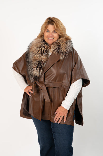 Rippe's Furs Belted Leather Cape with Fox Fur Trim - Brown