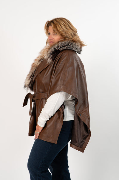 Rippe's Furs Belted Leather Cape with Fox Fur Trim - Brown