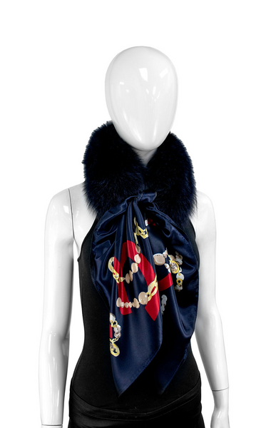Rippe's Furs Fox Fur Collar with Silk Scarf - Navy