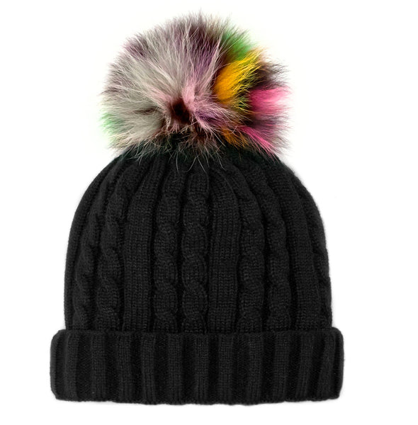 Rippe's Furs Cable Knit Beanie with Fox Fur Pom - Black/Multicolor