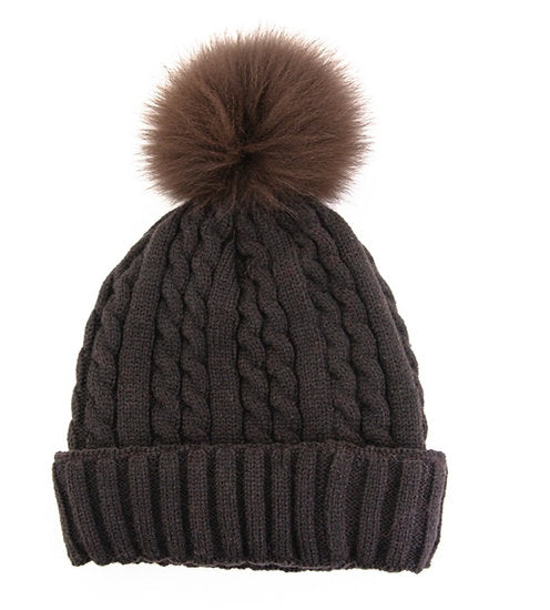 Rippe's Furs Cable Knit Beanie with Fox Fur Pom - Brown