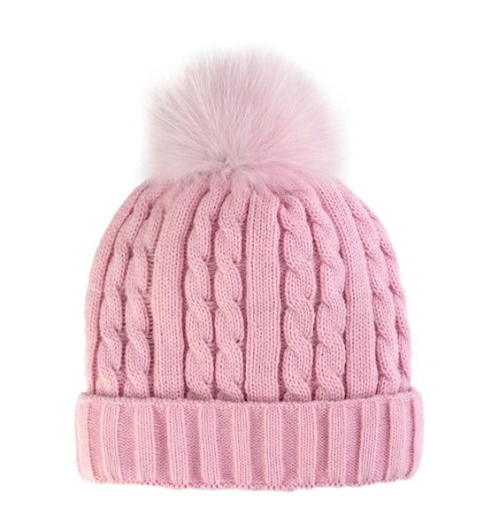 Rippe's Furs Cable Knit Beanie with Fox Fur Pom - Soft Pink