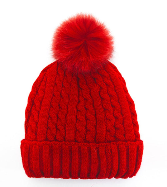 Rippe's Furs Cable Knit Beanie with Fox Fur Pom - Red