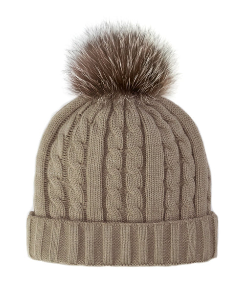 Rippe's Furs Cable Knit Beanie with Fox Fur Pom - Taupe/Crystal Fox