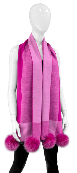 Rippe's Furs Checkered Scarf with Fox Fur Poms - Fuchsia