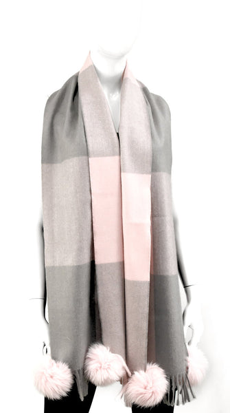 Rippe's Furs Color Block Scarf with Fox Fur Poms - Pink/Grey
