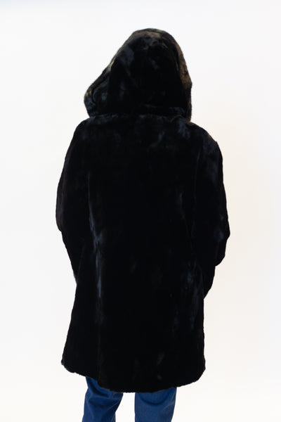 Rippe's Furs Reversible Diamond Sheared Hooded Mink Fur Stroller with Long Hair Mink Trim - Black