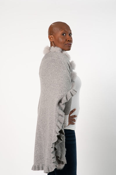 Rippe's Furs Fox Fur Trim Ruffled Wool Wrap - Light Grey