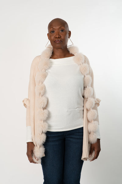 Rippe's Furs Fox Fur Trim Ruffled Wool Wrap - Pearl