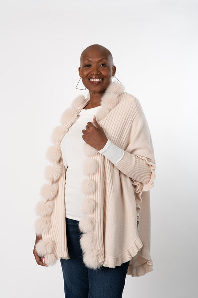 Rippe's Furs Fox Fur Trim Ruffled Wool Wrap - Pearl