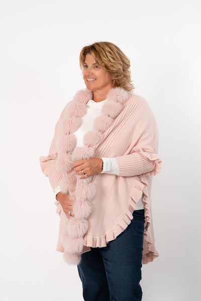 Rippe's Furs Fox Fur Trim Ruffled Wool Wrap - Soft Pink